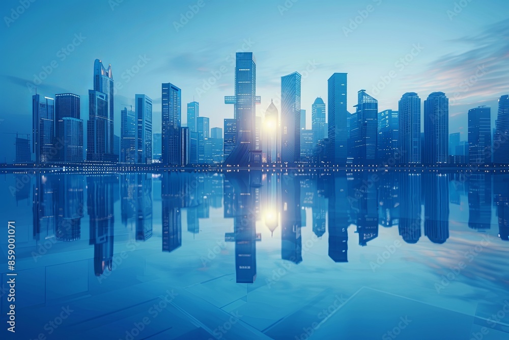 Modern city skyline with skyscrappers and reflection created with Generative AI Modern city skyline with skyscrappers and reflection created with Generative AI
