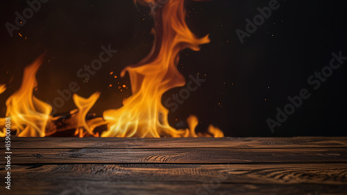 Wallpaper Mural Empty dark textured wooden surface on blurred background with burning fire and sparks. Banner with copy space. Template showcase scene for display, montage, advertising product. Torontodigital.ca