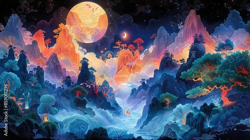 Paper-cut wonderland: kids embark on a magical journey meeting gods, demons, and fantastical creatures. Illustration, Minimalism,