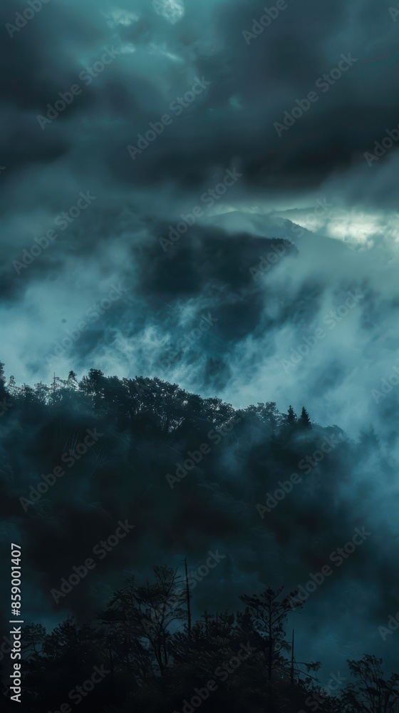 Mysterious Foggy Forest Under a Dark Sky Mysterious Foggy Forest Under a Dark Sky
