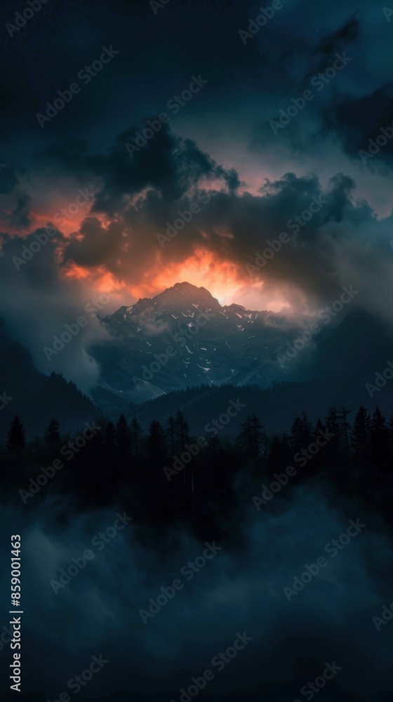 Naklejka premium Mountain Peak Through the Clouds