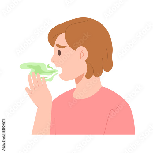 Woman checking her breath smell isolated on white background. Concept of bad breath, oral health, dental health, dentistry, hygiene, bad smell, Halitosis, bad odor mouth. Flat vector illustration.