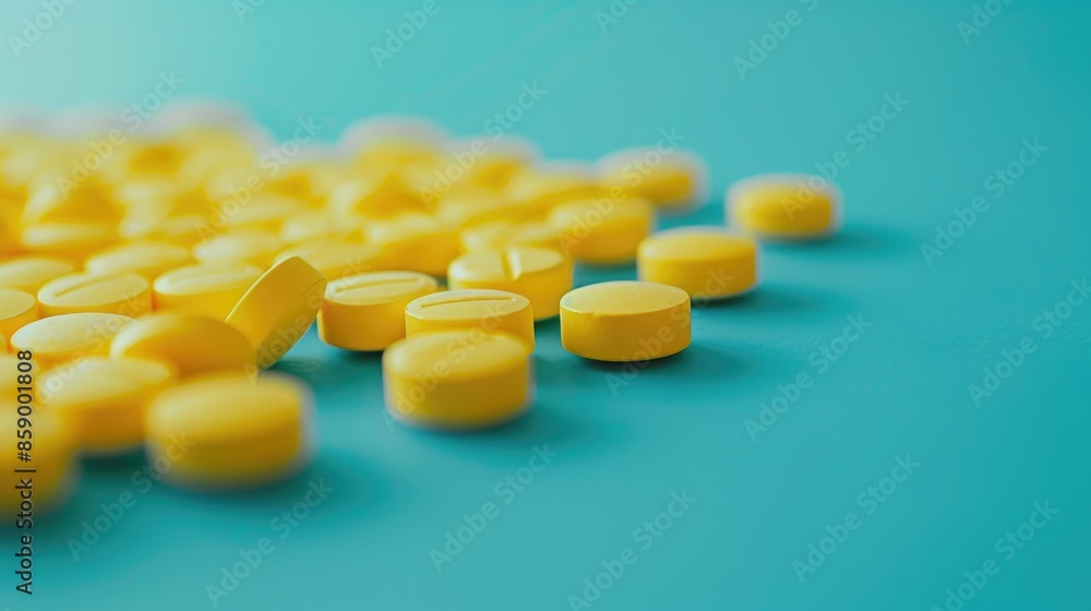 Yellow pills arranged on table with empty space medication Yellow pills arranged on table with empty space medication