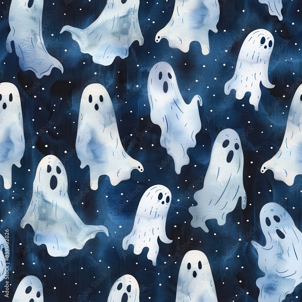 A digital illustration of watercolor ghosts floating against a dark blue night sky with white stars. The ghosts are white with blue highlights and are drawn in a whimsical style. They appear to be flo A digital illustration of watercolor ghosts floating against a dark blue night sky with white stars. The ghosts are white with blue highlights and are drawn in a whimsical style. They appear to be flo