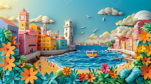 A beautiful papercraft view of Lisbon, showcasing the Belem Tower, Tram 28, and the Alfama district, capturing the city's historic charm and scenic beauty along the Tagus River. Illustration, photo