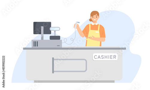 Cashier woman standing at checkout station and holding Barcode Scanner at supermarket. Concept of occupation, job, supermarket, grocery, shopping, retail store. Flat vector illustration character.