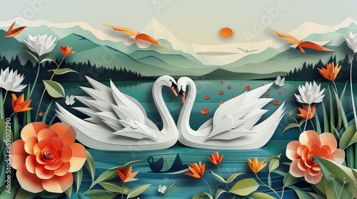 Fototapeta Naklejka Na Ścianę i Meble -  swan couple on the lake paper art illustration.