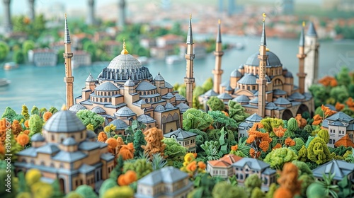 A captivating papercraft view of Istanbul, with the Hagia Sophia, Blue Mosque, and the Bosphorus Strait, illustrating the city's unique blend of European and Asian influences. Illustration,