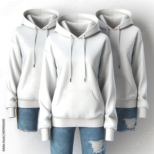 A group of white hoodies and jeans relevant. photo