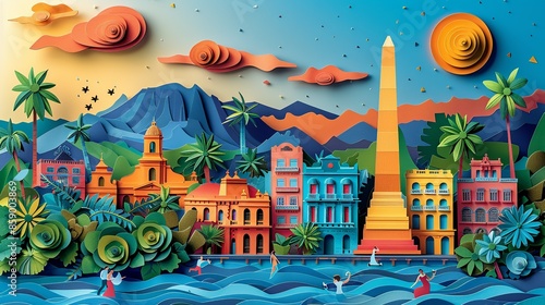 An intricate papercraft illustration of Buenos Aires, featuring the Obelisk, La Boca district, and the Tango dancers, reflecting the city's lively culture and European influences. Illustration,