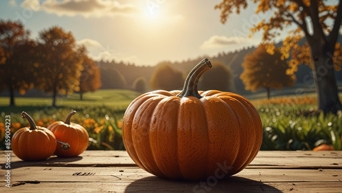 Wooden surface with pumpkins on blurred rustic countryside seasonal autumn background. Banner with copy space. Template showcase scene for display, montage, advertising product.