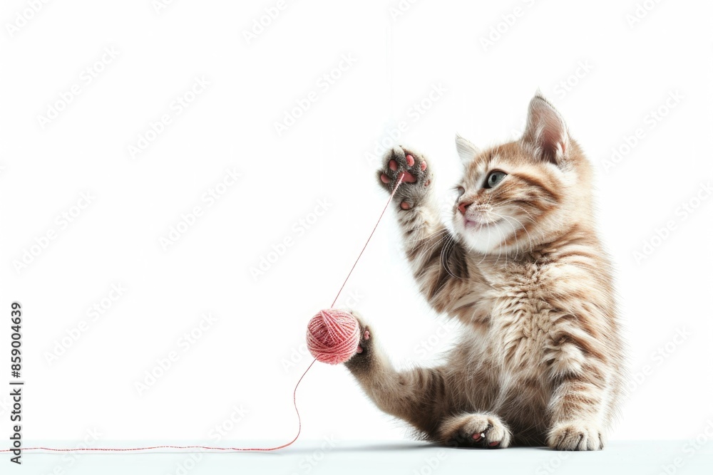 Obraz premium Adorable kitten playing with pink yarn ball, showcasing playful and cute behavior in a bright, minimalistic setting.