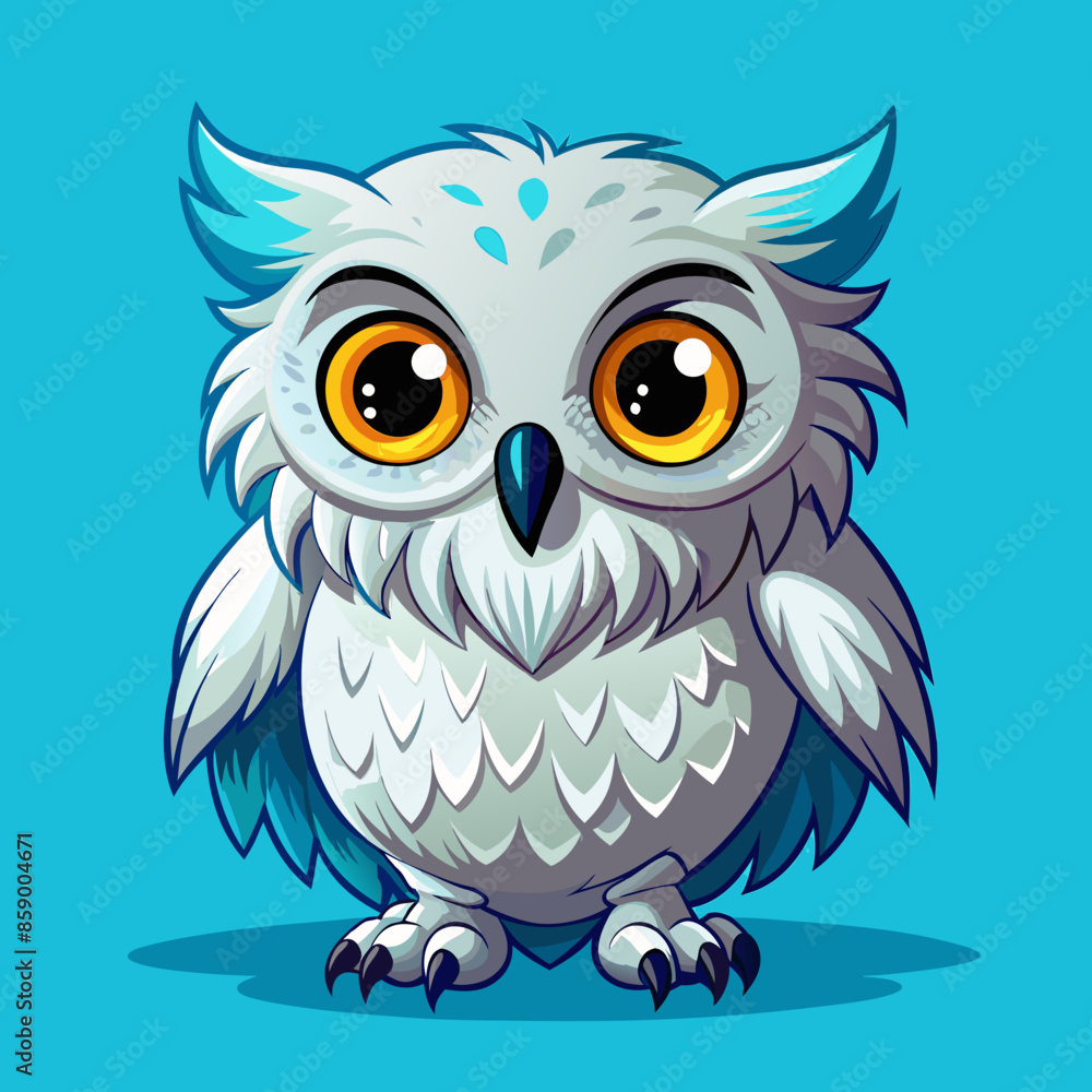 Obraz premium A cute, fluffy white owl with large eyes and a small beak perched on a surface against a bright blue background