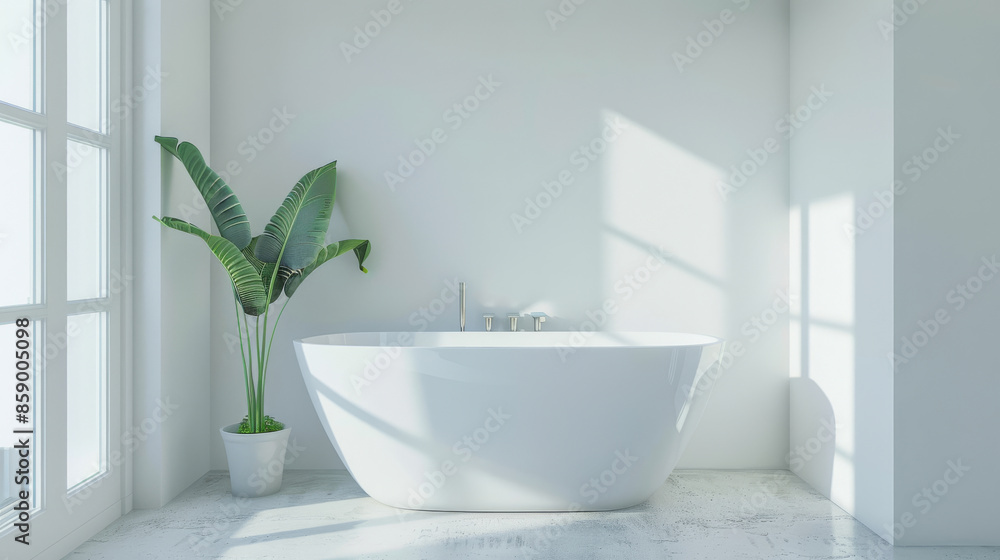 Fototapeta premium A serene, minimalistic bathroom with a freestanding bathtub and a large plant, bathed in natural light through big windows.