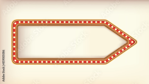 Retro advertising arrow sign red marquee gold light board on white background. Vector illustration