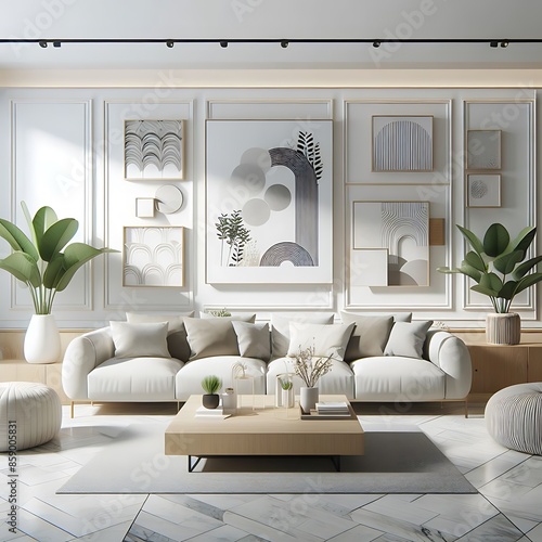 A living room style interior set design with a mockup poster empty white and with white furniture and art on the wall optimized optimized. photo