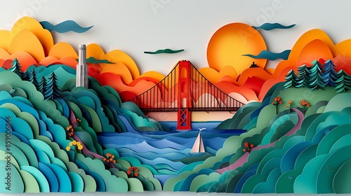 A vibrant papercraft view of San Francisco, with the Golden Gate Bridge, Alcatraz Island, and Lombard Street, showcasing the city's iconic landmarks and scenic beauty. Illustration, Minimalism, © DARIKA
