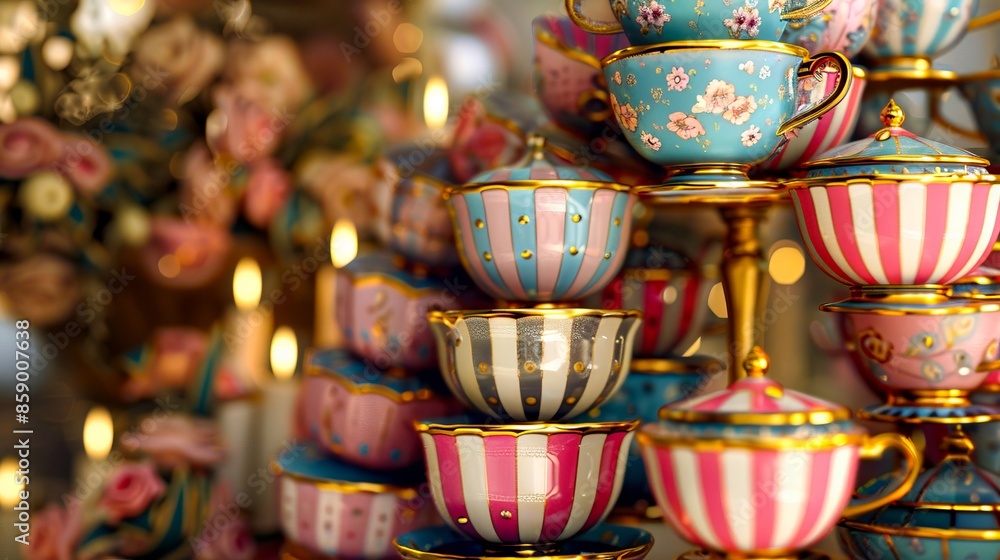 A display of tea cups and saucers. A display of tea cups and saucers.