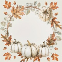 This image features a watercolor illustration of an autumn wreath with white pumpkins and orange leaves. The wreath is made of eucalyptus leaves and branches, with small acorns scattered throughout. T