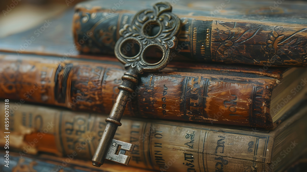 An old-fashioned key with intricate designs placed on a stack of vintage books, soft focus on the books with the key in sharp detail