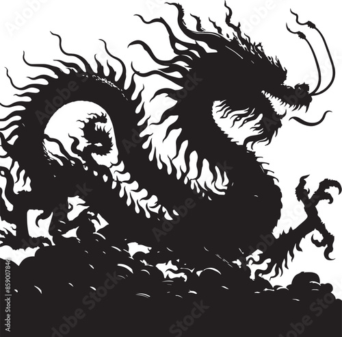 silhouette dargon black and white with white background