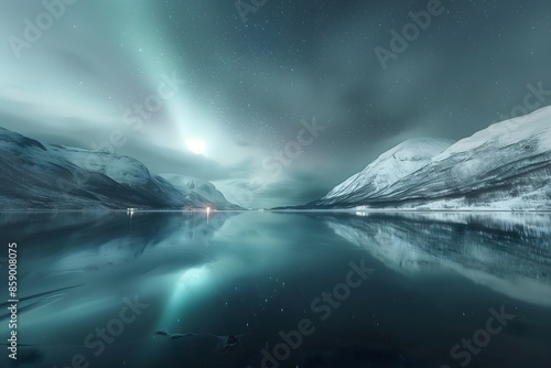 Beautiful northern lights, aurora borealis, over the snow-covered mountains, reflections in lake water, beautiful sky with stars photo