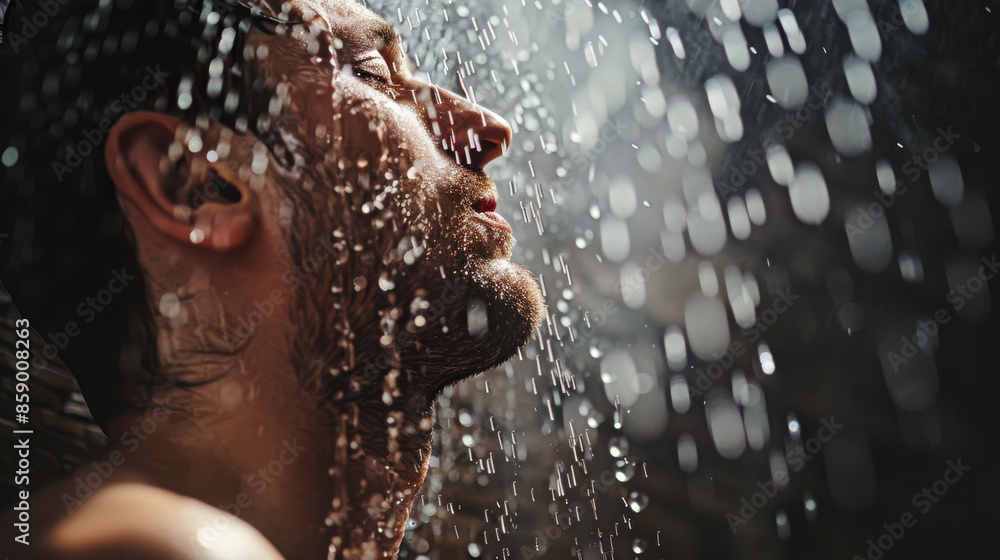 Fototapeta premium Close-up of a man savoring the sensation of falling water on his face with eyes closed, enveloped in a profound, meditative moment.