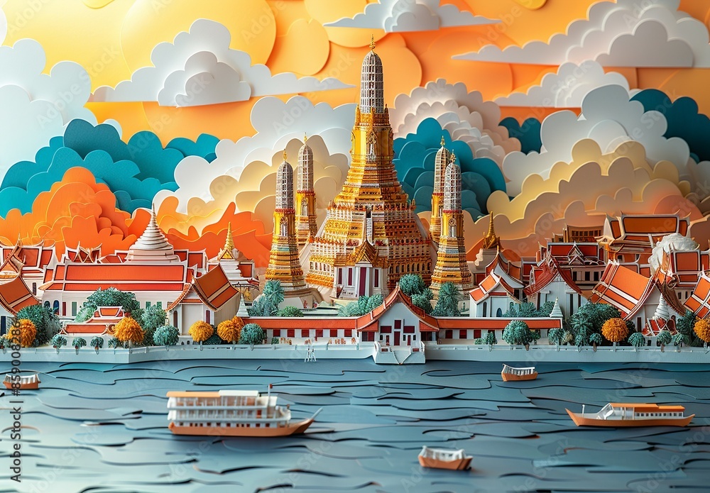 Obraz premium A detailed paper craft depiction of Bangkok, Thailand, featuring the majestic Grand Palace, Wat Arun, and the bustling floating markets along the Chao Phraya River. Illustration, Minimalism,