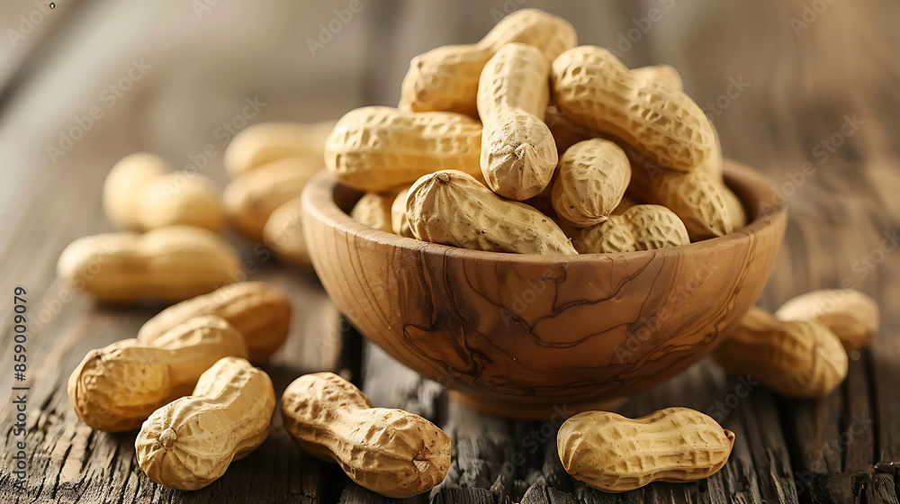 wooden bowl filled with a variety of peanuts, both shelled and unshelled, placed on a rustic wooden surface. wooden bowl filled with a variety of peanuts, both shelled and unshelled, placed on a rustic wooden surface.