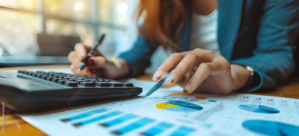 Fototapeta premium Business Financing, budget management, tax calculation, accounting banking concept, Businesswoman doing finances and calculating financial report with business graph growth chart