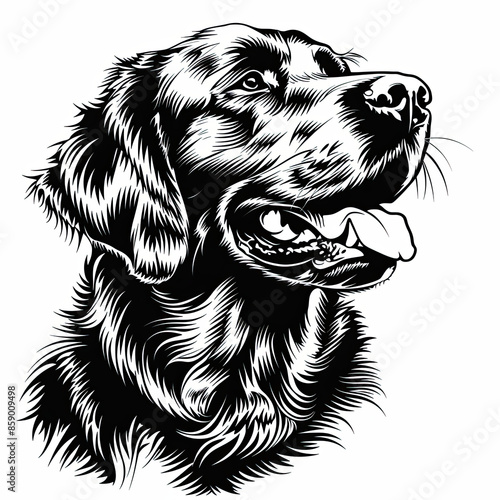 A black and white drawing of a golden retriever dog
