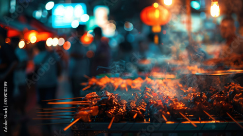 Meat skewers sizzle on a grill amidst the vibrant lights and energy of a bustling night market, drawing a hungry crowd.