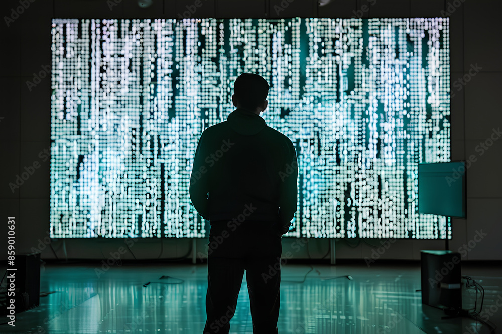 Tech Specialist Analyzing Digital Data Wall Display Tech Specialist Analyzing Digital Data Wall Display