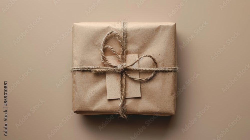 Gift box wrapped in brown paper with twine ribbon on beige background, minimalistic and eco-friendly packaging concept Gift box wrapped in brown paper with twine ribbon on beige background, minimalistic and eco-friendly packaging concept