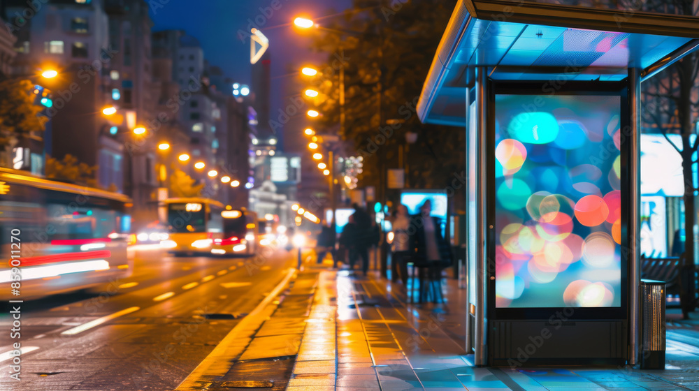 Fototapeta premium Illuminated city street featuring blurred headlights, a vibrant bus stop, and colorful bokeh, against a backdrop of evening urban activity.
