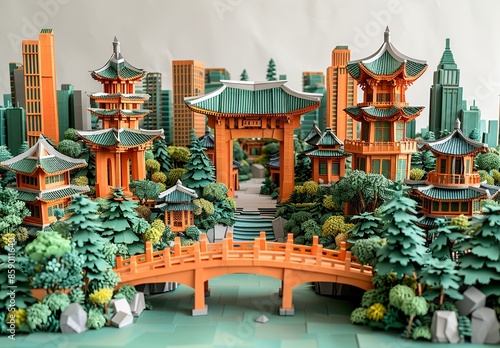 An intricate paper craft of the picturesque city of Incheon, South Korea, featuring the iconic Incheon Bridge, the beautiful Songdo Central Park, and the bustling Chinatown. Illustration, Minimalism, photo