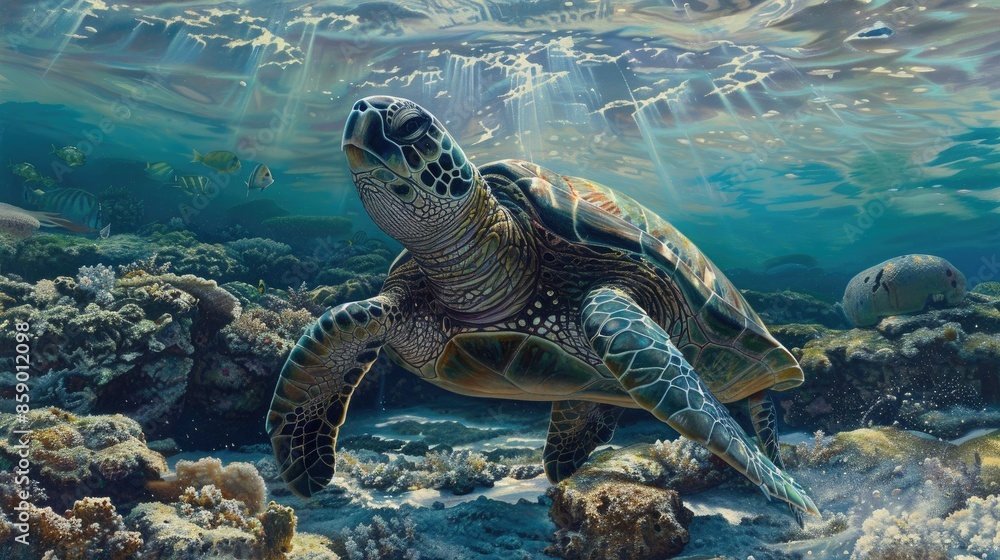 Fototapeta premium Green sea turtle near a shallow reef