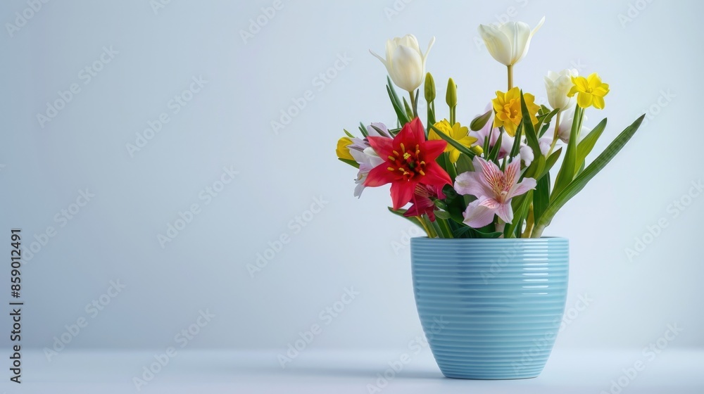 Spring flowers in a blue pot on a white background Spring flowers in a blue pot on a white background