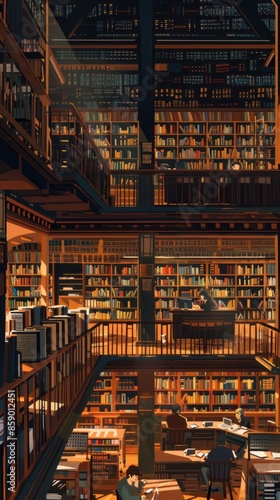 A View of a Well-Stocked Library With People Studying