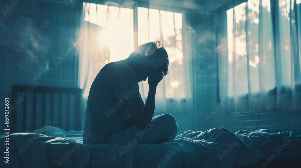 Silhouette of a depressed man sadly sitting on the bed in the bedroom, insomnia, loneliness, mental health. Silhouette of a depressed man sadly sitting on the bed in the bedroom, insomnia, loneliness, mental health.