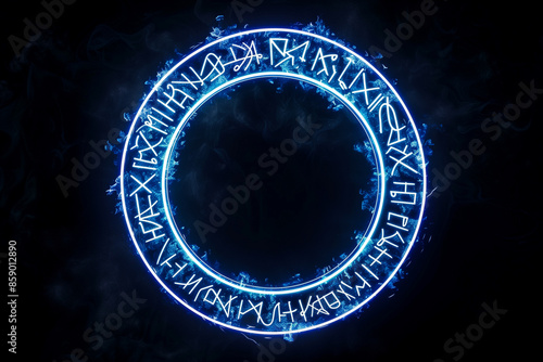 White magic runes on a circle. Spell effect with ancient fantasy writing on neon ring