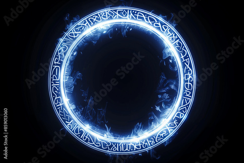 White magic runes on a circle. Spell effect with ancient fantasy writing. Glowing neon ring
