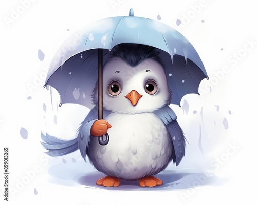 Cute cartoon penguin with an umbrella, Childlike, Cool colors, Illustration, Icy rainy daywhite background, photo