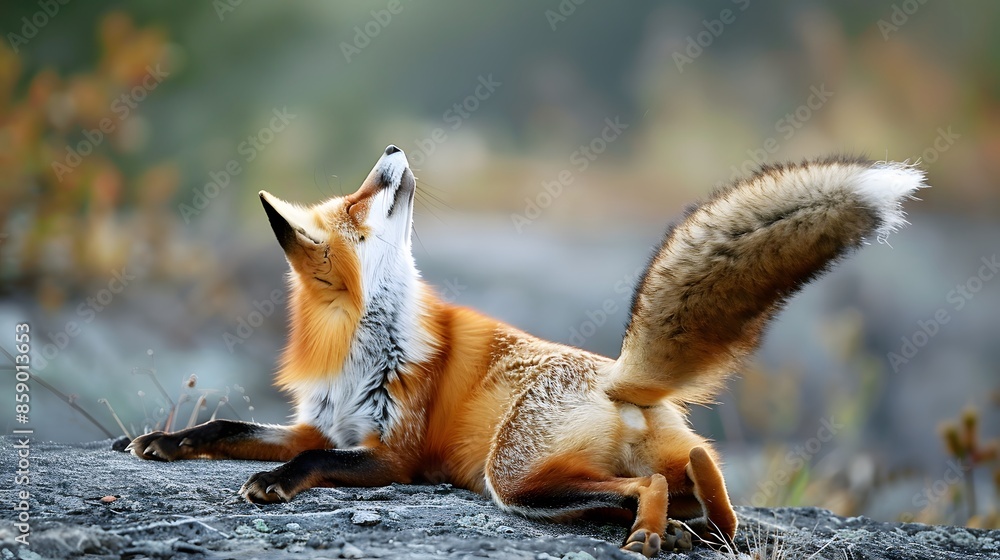 Naklejka premium Funny red fox stretches. Concept - funny animals in the wild.