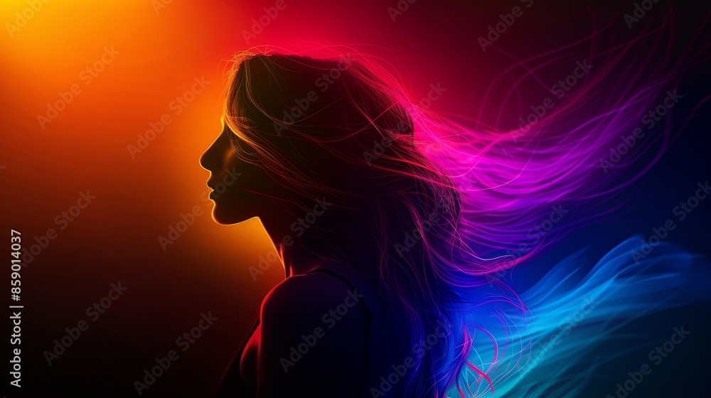 Silhouette of a woman in rainbow-colored bright lights posing in a studio, artistic design, colorful display over a black background. Silhouette of a woman in rainbow-colored bright lights posing in a studio, artistic design, colorful display over a black background.