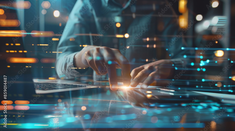 Obraz premium Hands hover over a futuristic digital touch interface, displaying an array of glowing blue data and holographic elements in a dark setting.