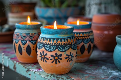 Three Hand-Painted Candles with Flame in the Center