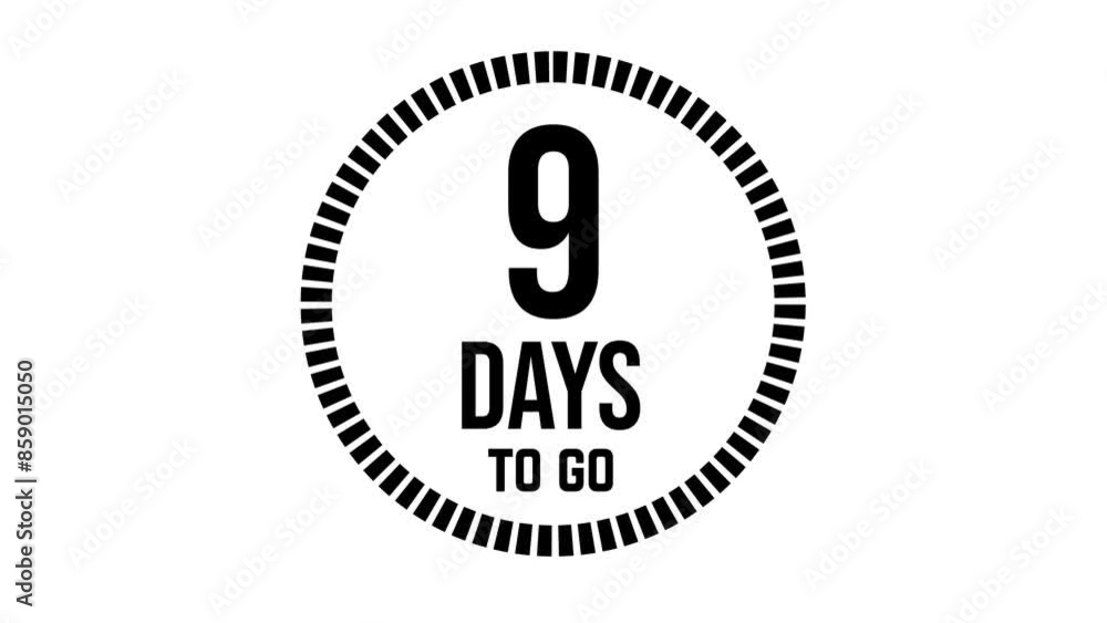 9 days to go, 31 days count 2D animation, motion graphics running numbers counting days, 9 days in a month, Nine days left, 4K HD video with black text Transparent video alpha channel.
