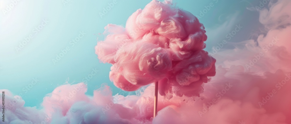 Cotton candy, rising, bullet shot, solid pastel background Cotton candy, rising, bullet shot, solid pastel background