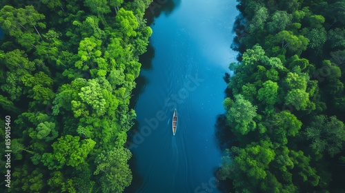 Aerial view of a canoe paddling through a pristine river surrounded by lush green forest. © DudeDesignStudio